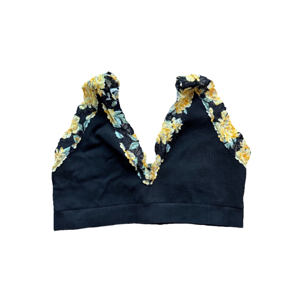 Victoria's Secret Pink Black Bralette with Yellow Floral Trim Sz Small Wireless
